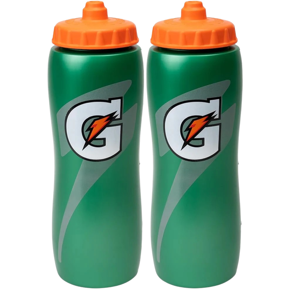 Two green Gatorade water bottles with orange lids on a white background