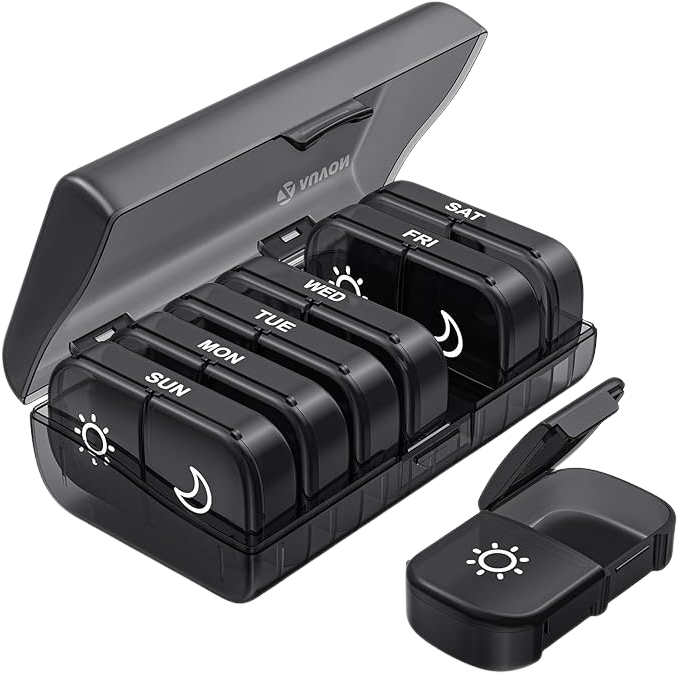 Black pill organizer with compartments labeled for each day of the week, on a white background.