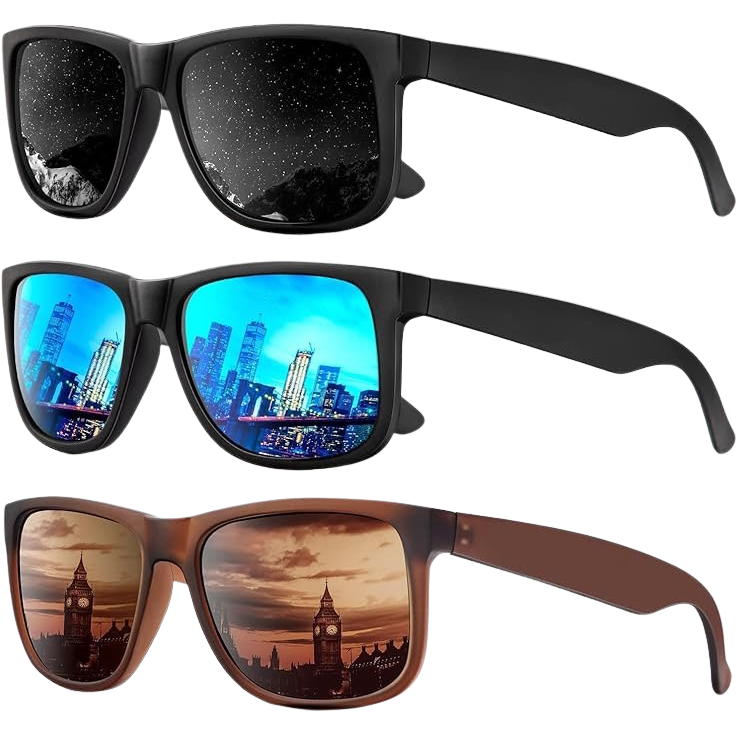 Three pairs of sunglasses with reflective cityscape, starry night, and sunset designs.