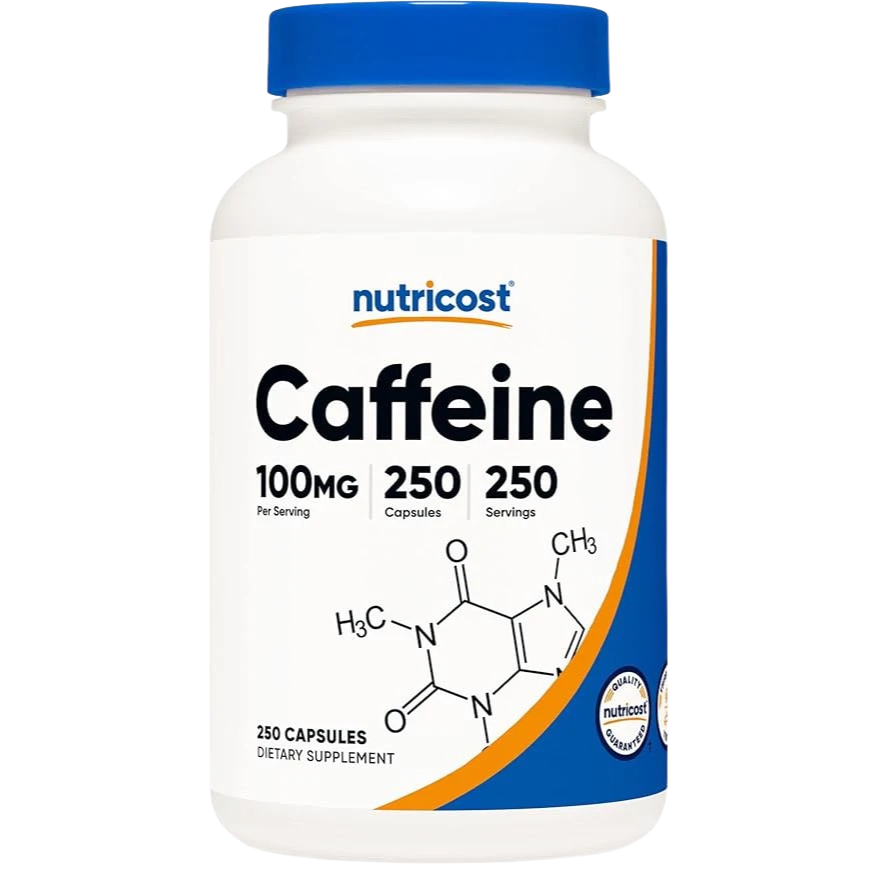 Nutricost Caffeine supplement bottle on a white background