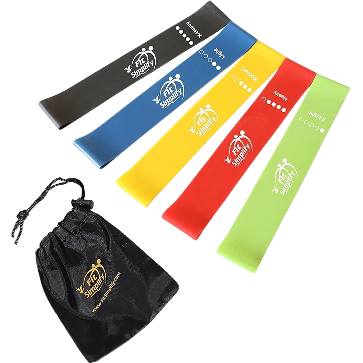 Set of resistance bands in various colors with a carrying bag on a white background