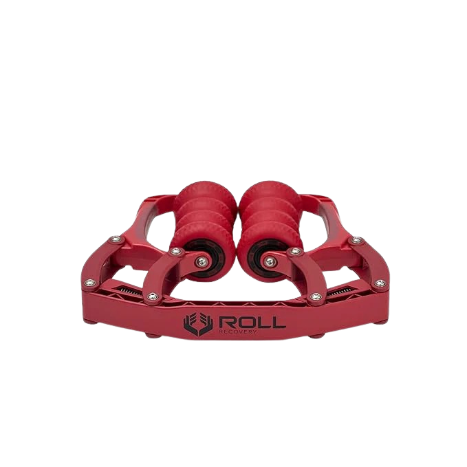 Red metal pedals with 'ROLL' branding on a white background