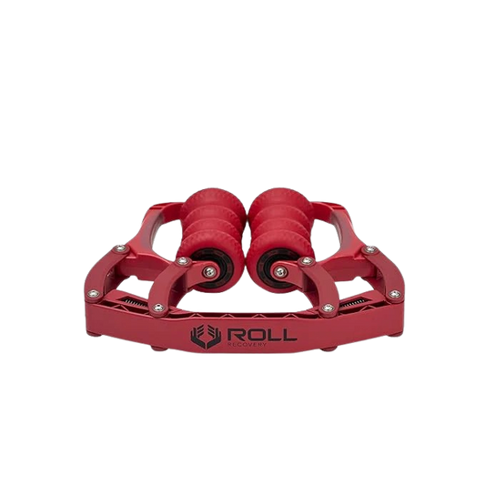 Red metal pedals with 'ROLL' branding on a white background