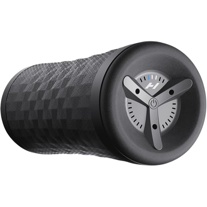 Black massage roller with brand logo on a white background