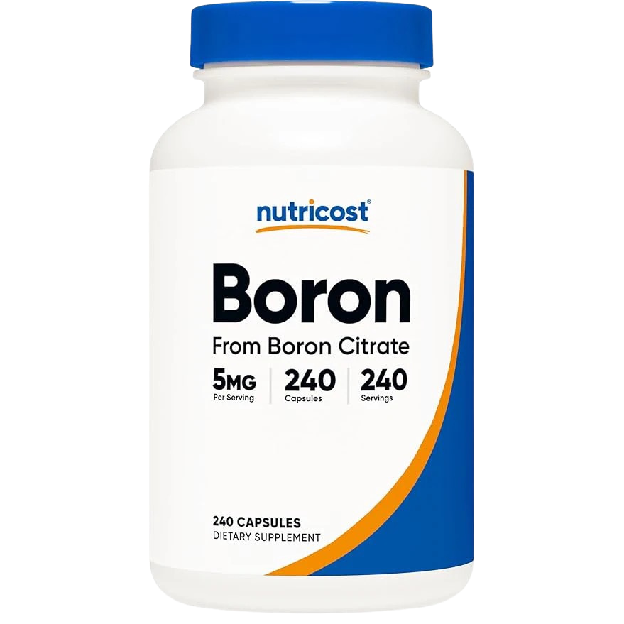 Nutricost Boron supplement bottle with blue and white design on a white background