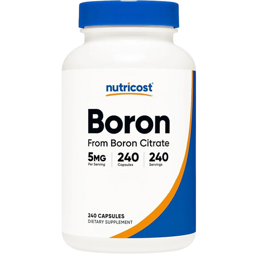 Nutricost Boron supplement bottle with blue and white design on a white background