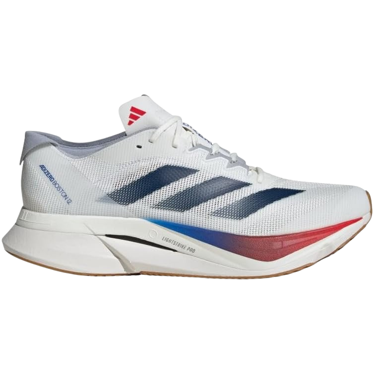 White running shoe with blue and red accents on a white background