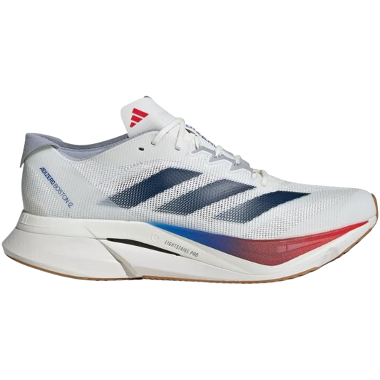 White running shoe with blue and red accents on a white background