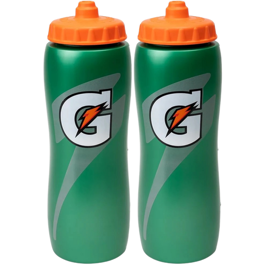 Two green Gatorade water bottles with orange lids on a white background