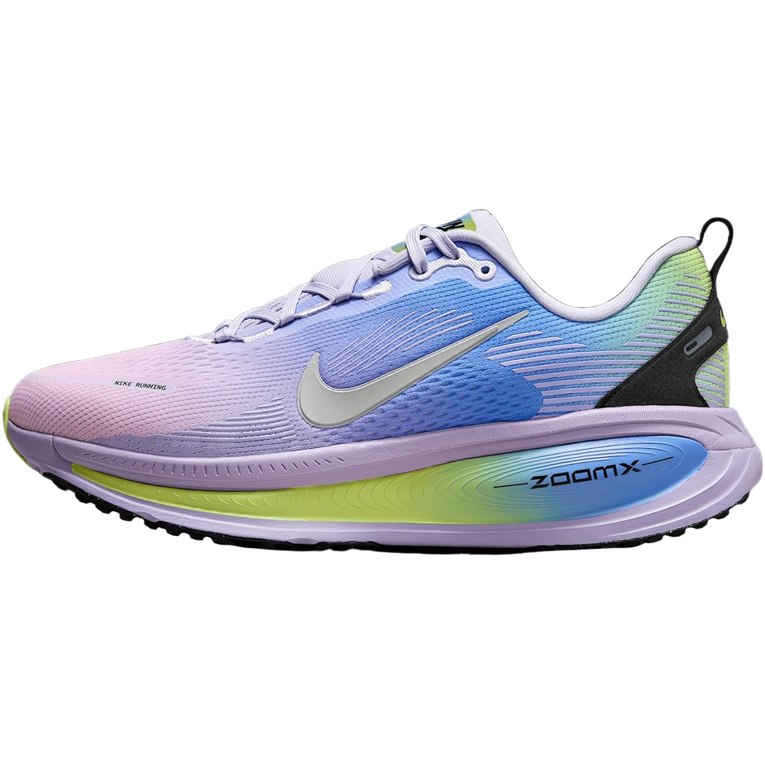 Multicolored running shoe with Nike logo on a white background