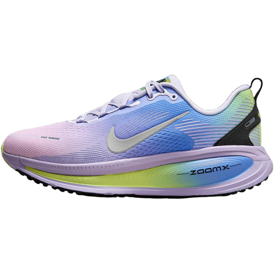 Multicolored running shoe with Nike logo on a white background