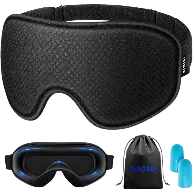 Black sleep mask, goggles, and earplugs with WAOAW branding on a white background