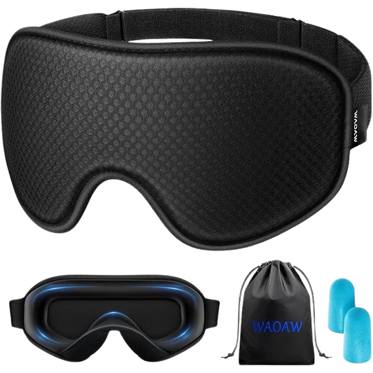 Black sleep mask, goggles, and earplugs with WAOAW branding on a white background