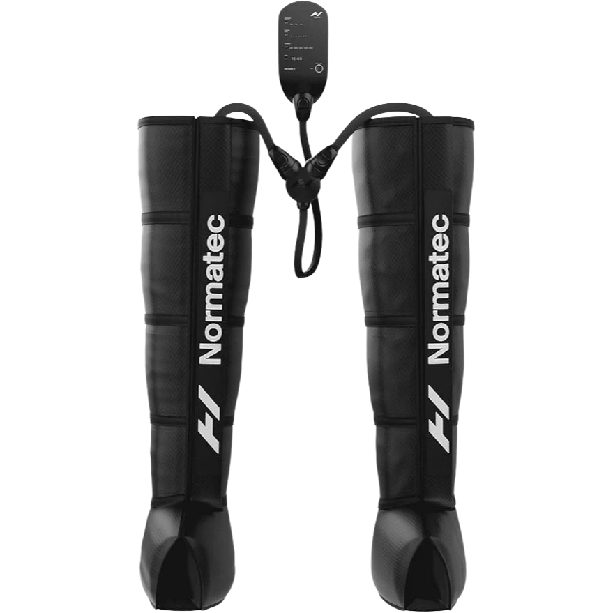 Black Normatec compression boots on a white background