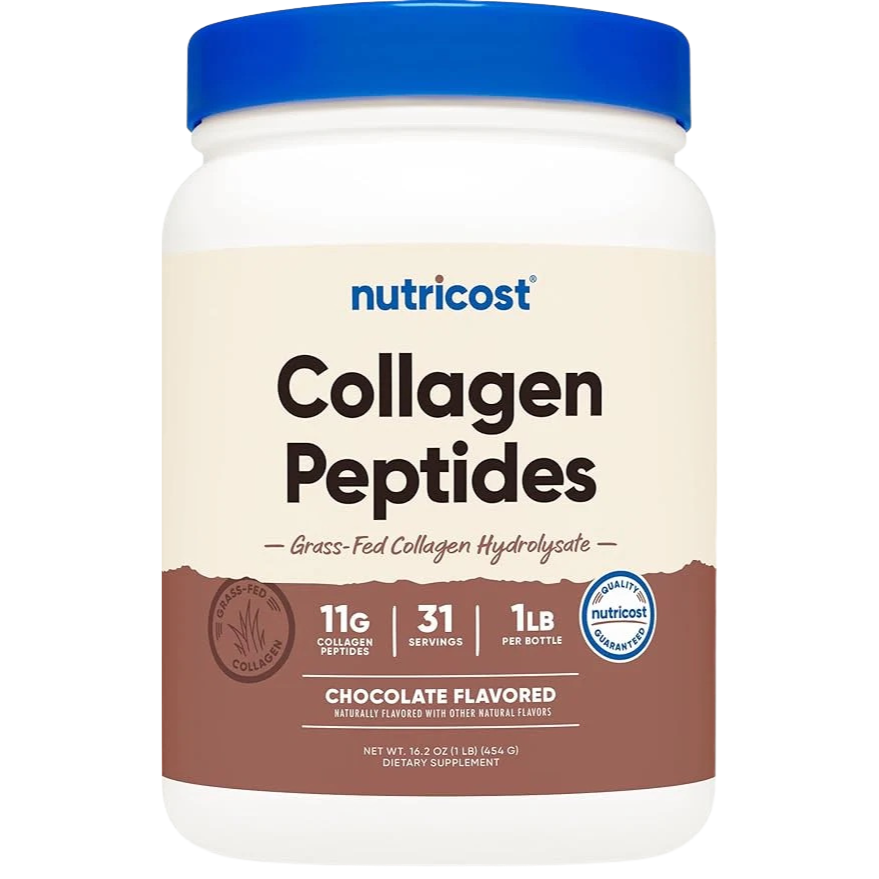 Nutricost Collagen Peptides container with blue lid on a white background