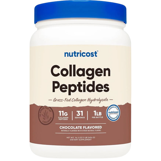 Nutricost Collagen Peptides container with blue lid on a white background
