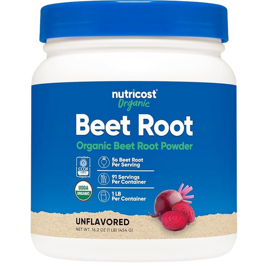 Nutricost Organic Beet Root Powder container with blue lid and label on a white background