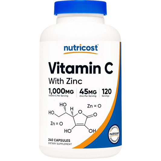 Nutricost Vitamin C with Zinc supplement bottle on a white background