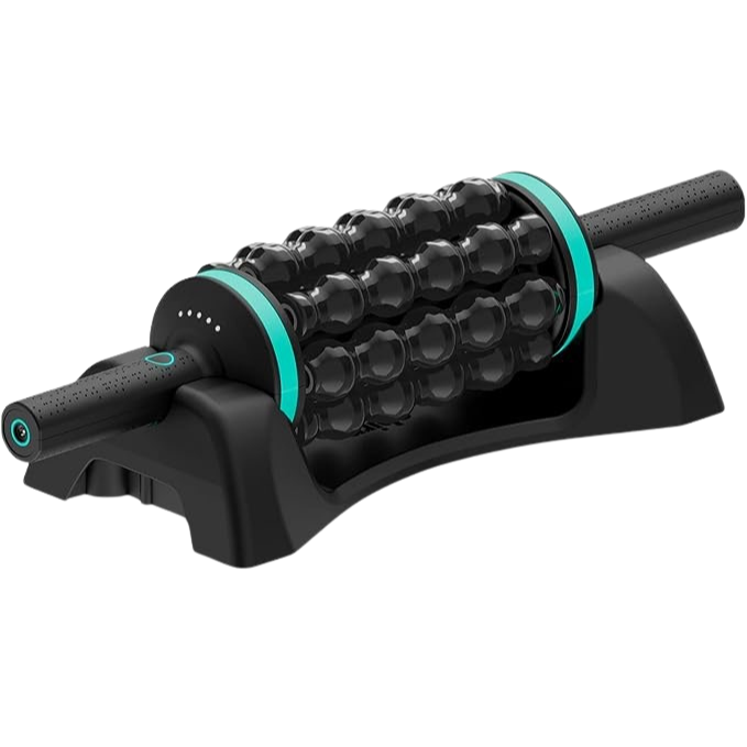 Black and teal massage roller device on a white background