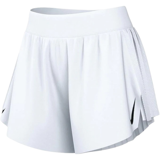 White tennis skirt with a black logo on a white background