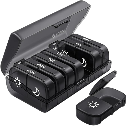 Black pill organizer with compartments labeled for each day of the week, on a white background.