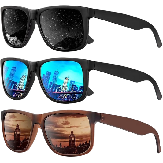 Three pairs of sunglasses with reflective cityscape, starry night, and sunset designs.
