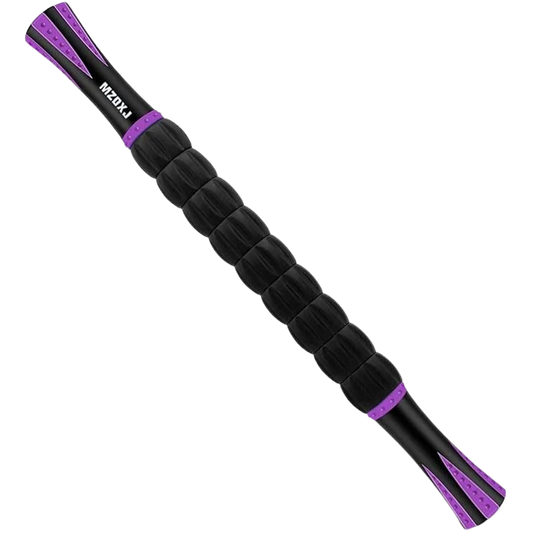 Black and purple muscle roller stick on a white background