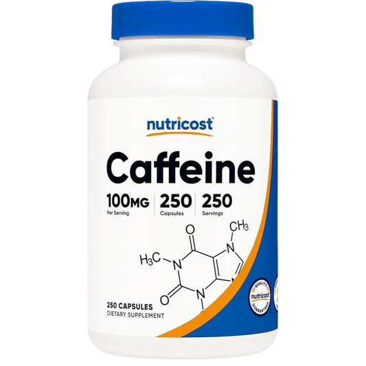 Nutricost Caffeine supplement bottle on a white background