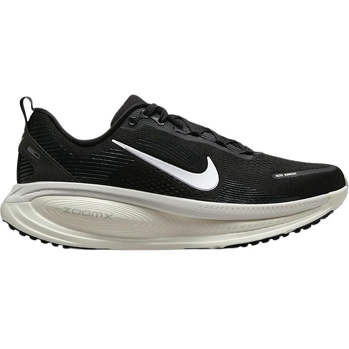 Black running shoe with white sole and Nike logo on a white background