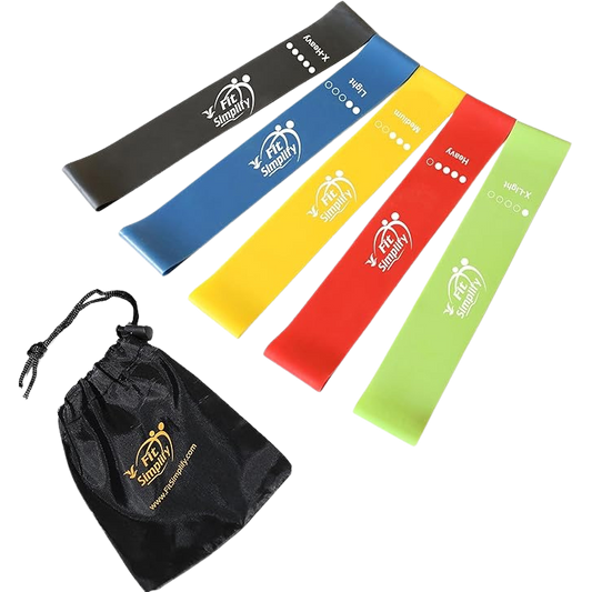 Set of resistance bands in various colors with a carrying bag on a white background