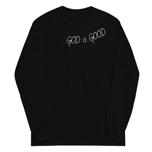 Black sweatshirt with 'GOD is GOOD' text on a white background