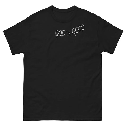 Black t-shirt with 'GOD is GOOD' text on a white background